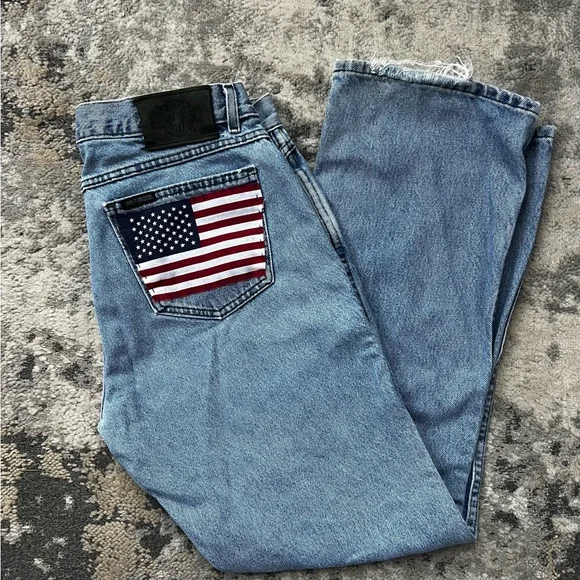 Harley-Davidson Boot Cut Jeans with Custom American Flag Pocket - One of a Kind - Picture 2 of 10